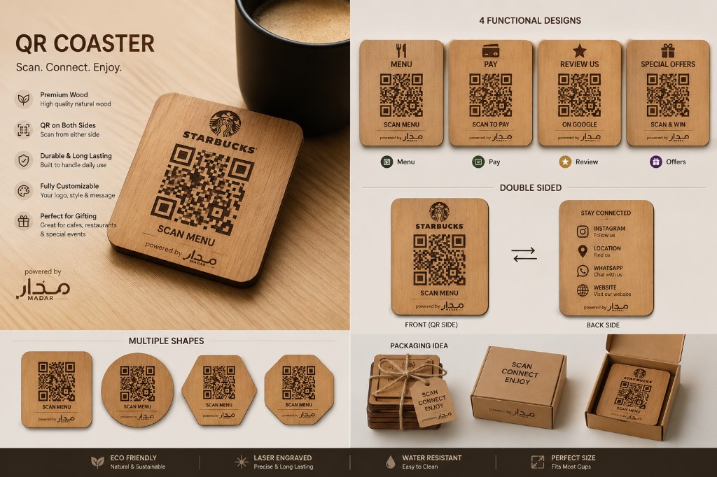 كوسترات خشبية مربعة ودائرية مع QR للمنيو والدفع