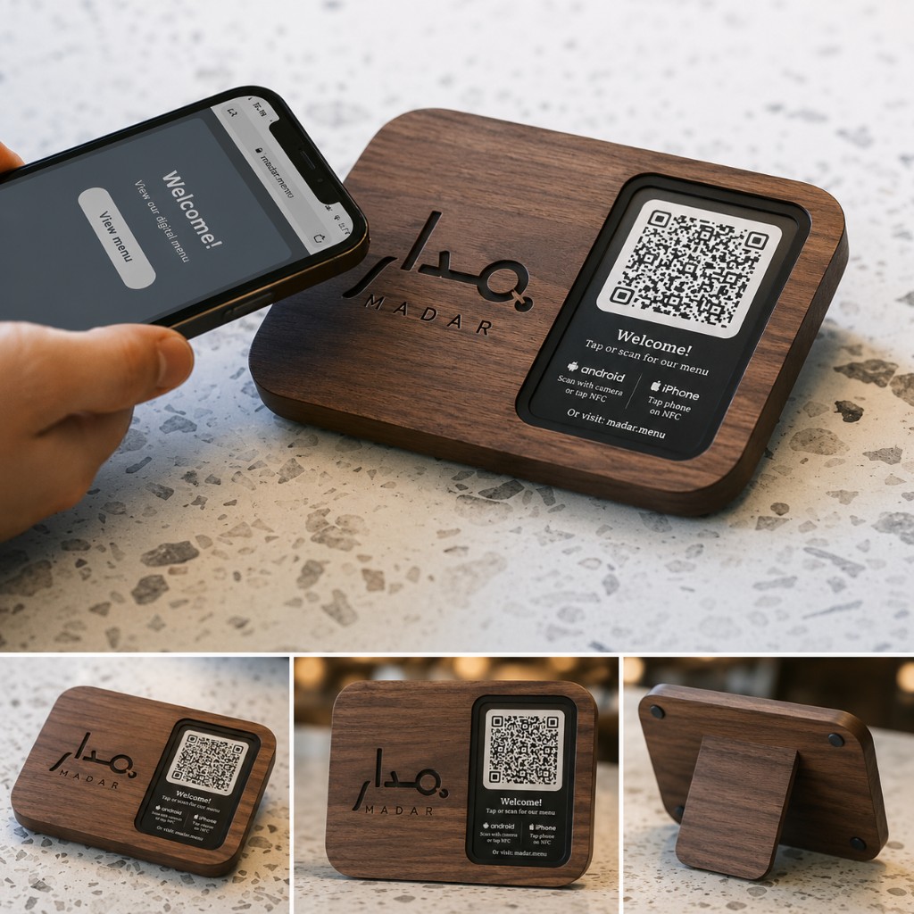 حامل خشب جوز مع لوحة QR وNFC